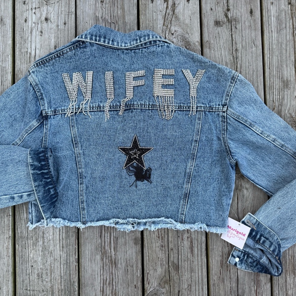 Embellished Denim Jacket Wifey bachelorette bride custom hand made